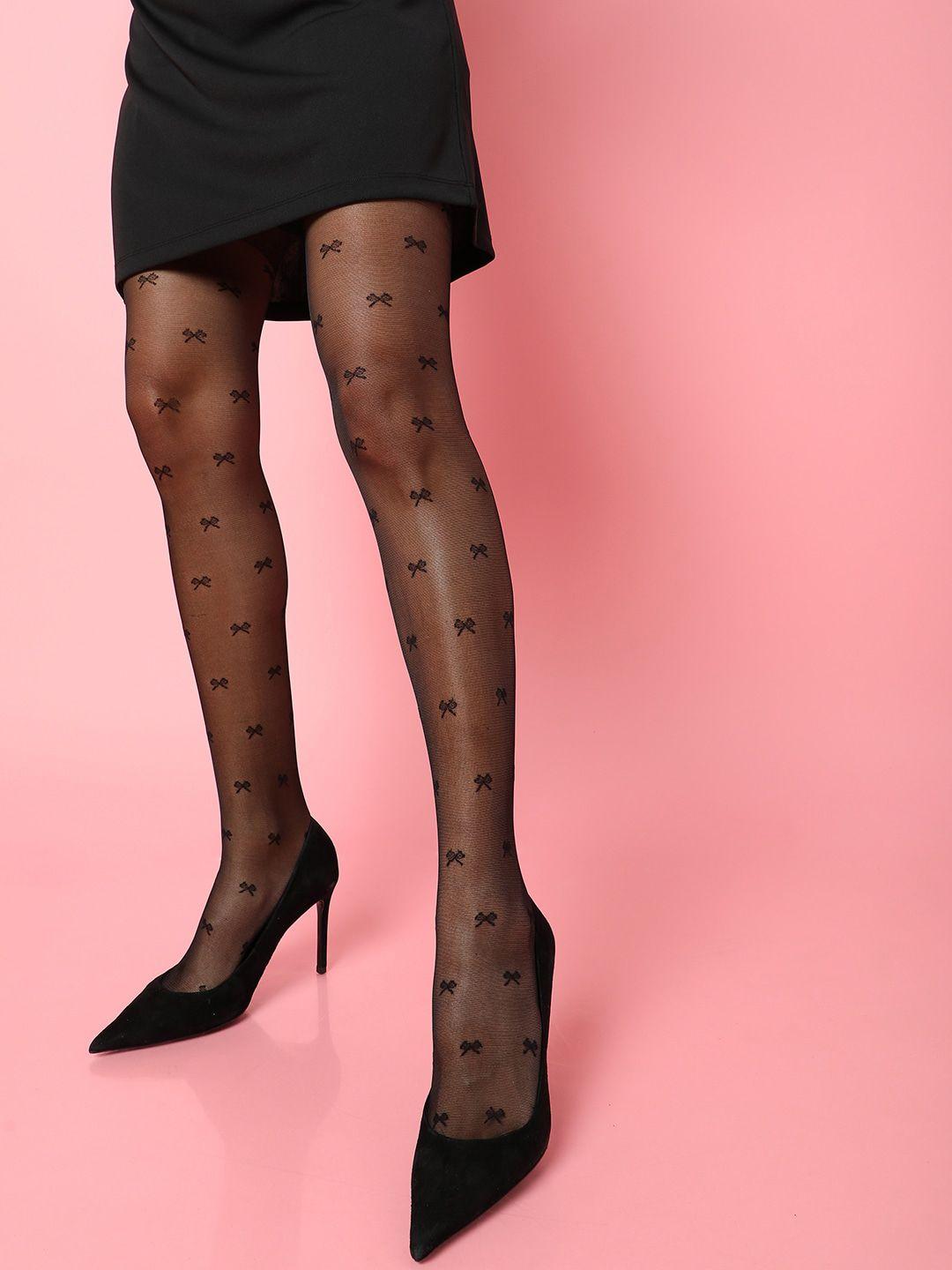 haute sauce by  campus sutra women black printed sheer stockings