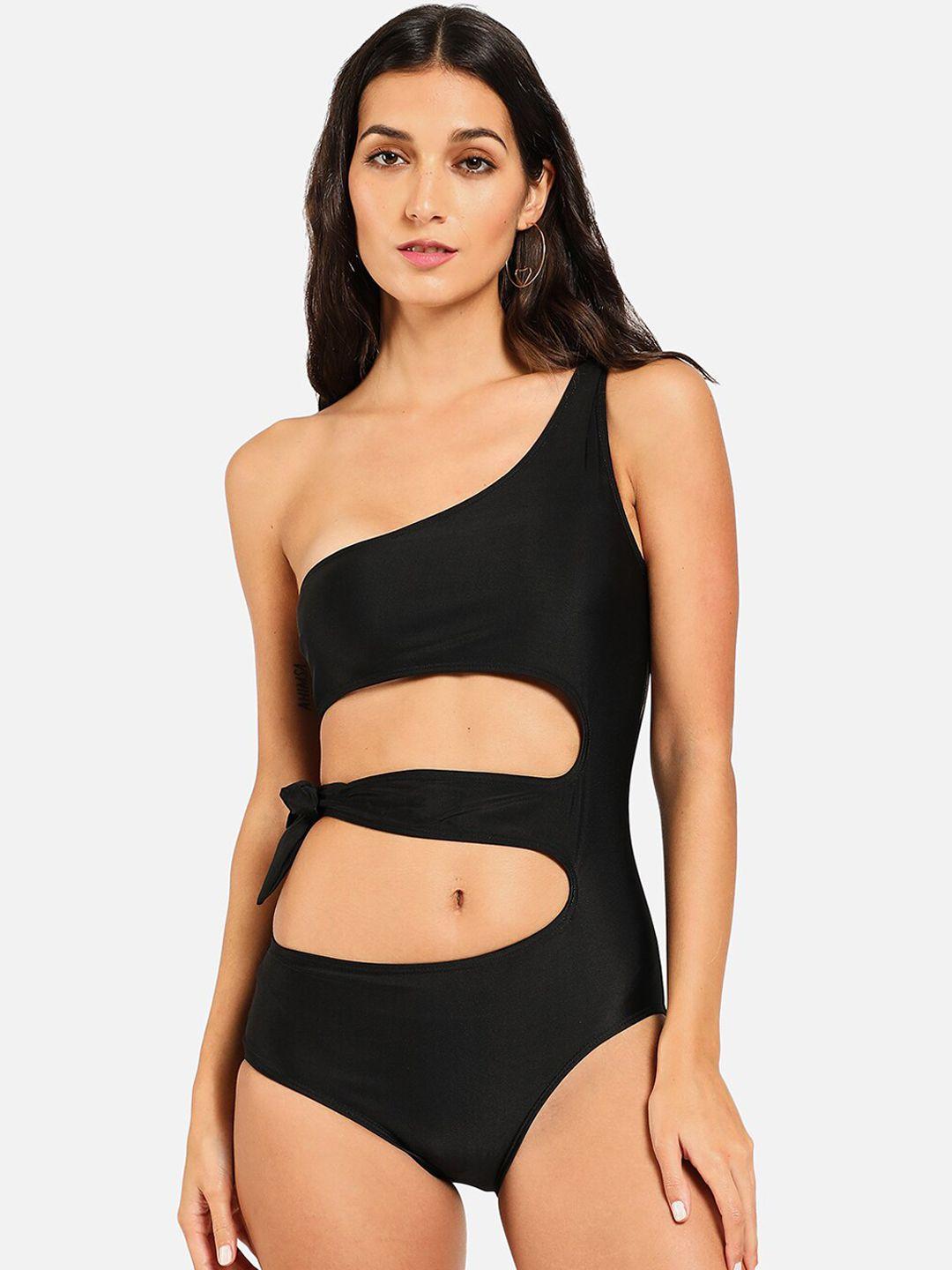haute sauce by  campus sutra women black solid cut-out swimsuit