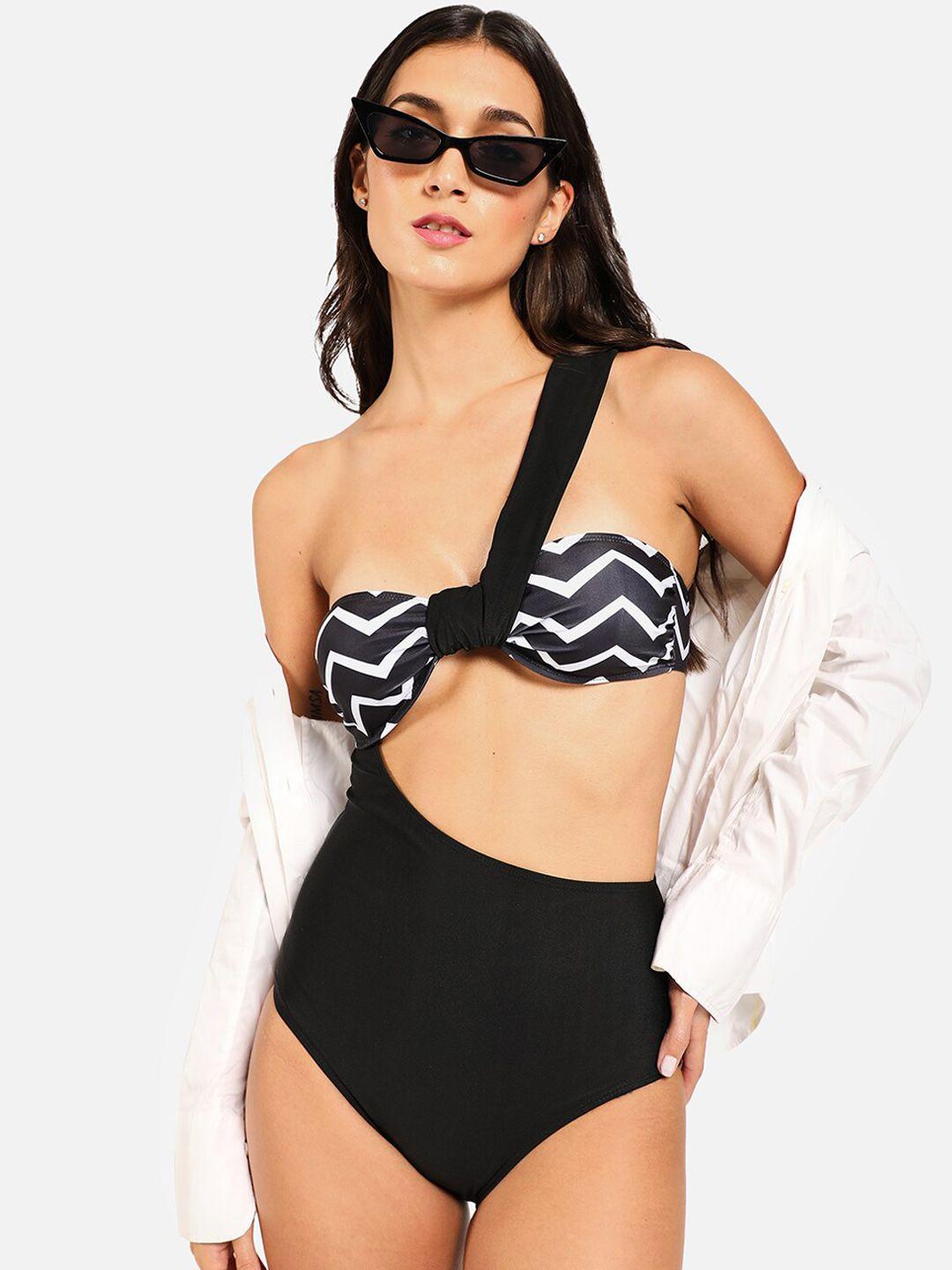 haute sauce by  campus sutra women black solid cut-out swimsuit