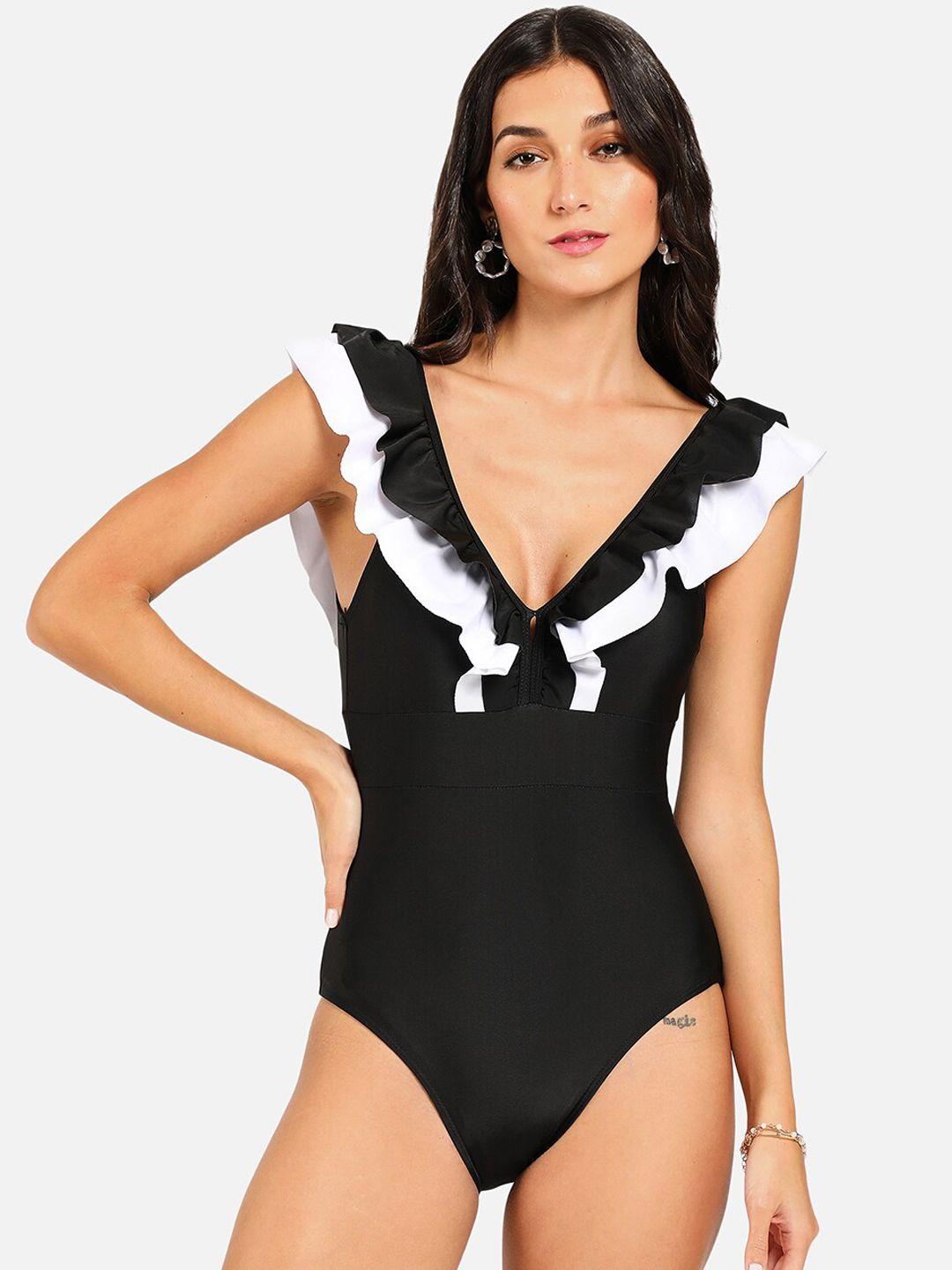 haute sauce by  campus sutra women black solid one-piece swimsuit