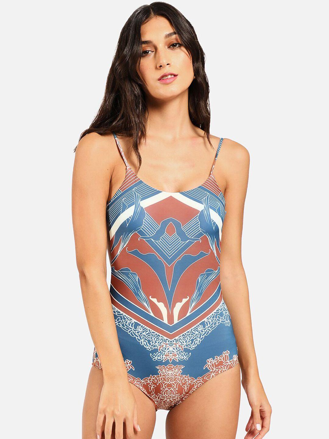 haute sauce by  campus sutra women blue & white printed one-piece swimsuit