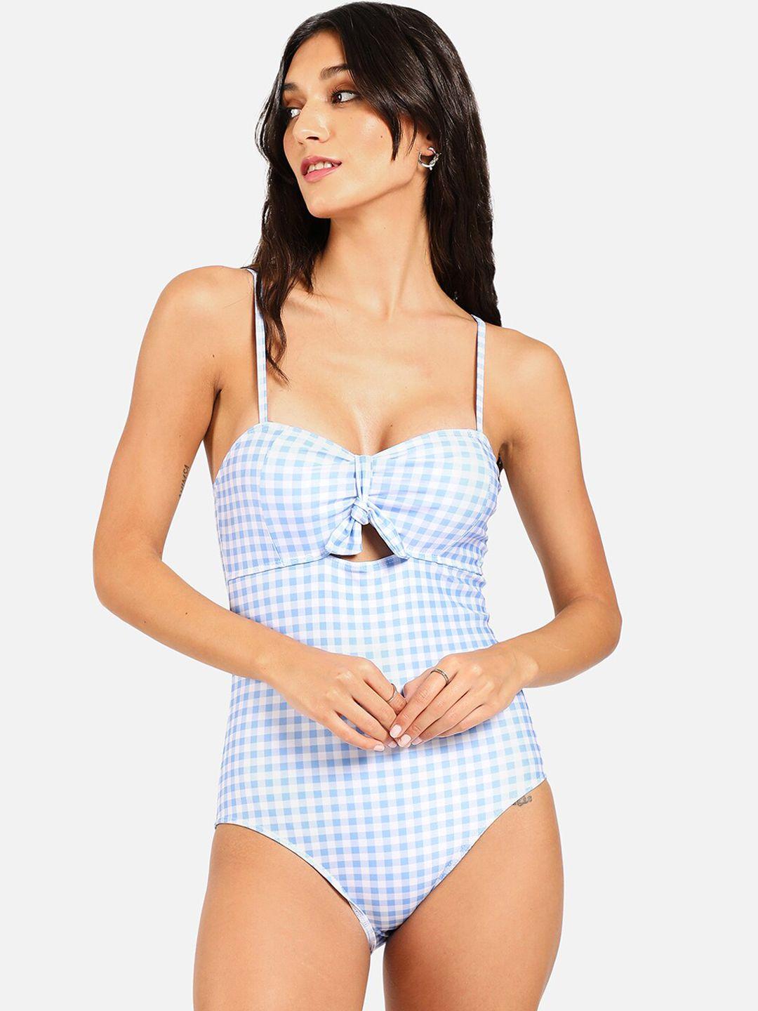 haute sauce by  campus sutra women blue checked one-piece swimsuit