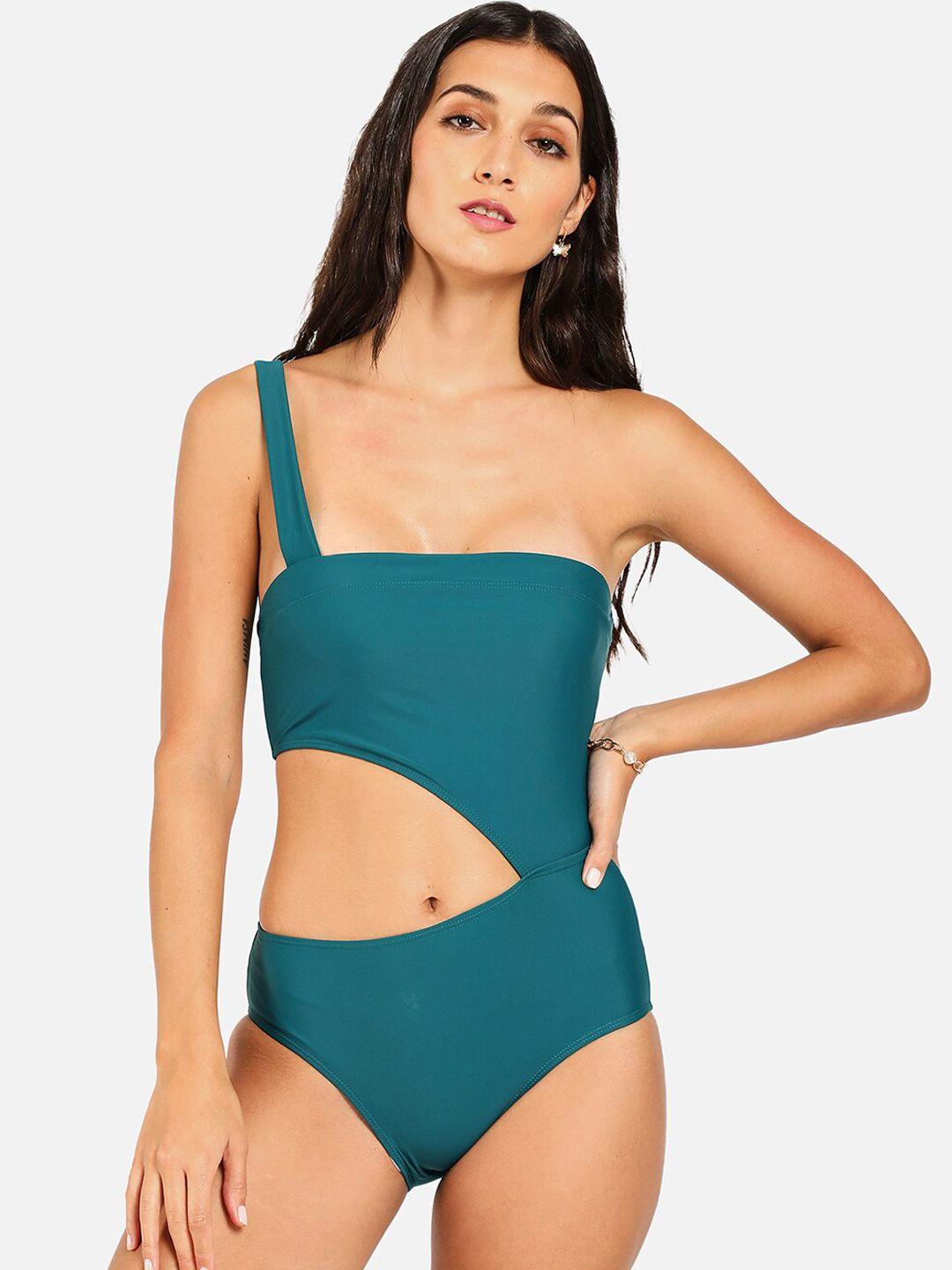 haute sauce by  campus sutra women green solid cut-out swimsuit