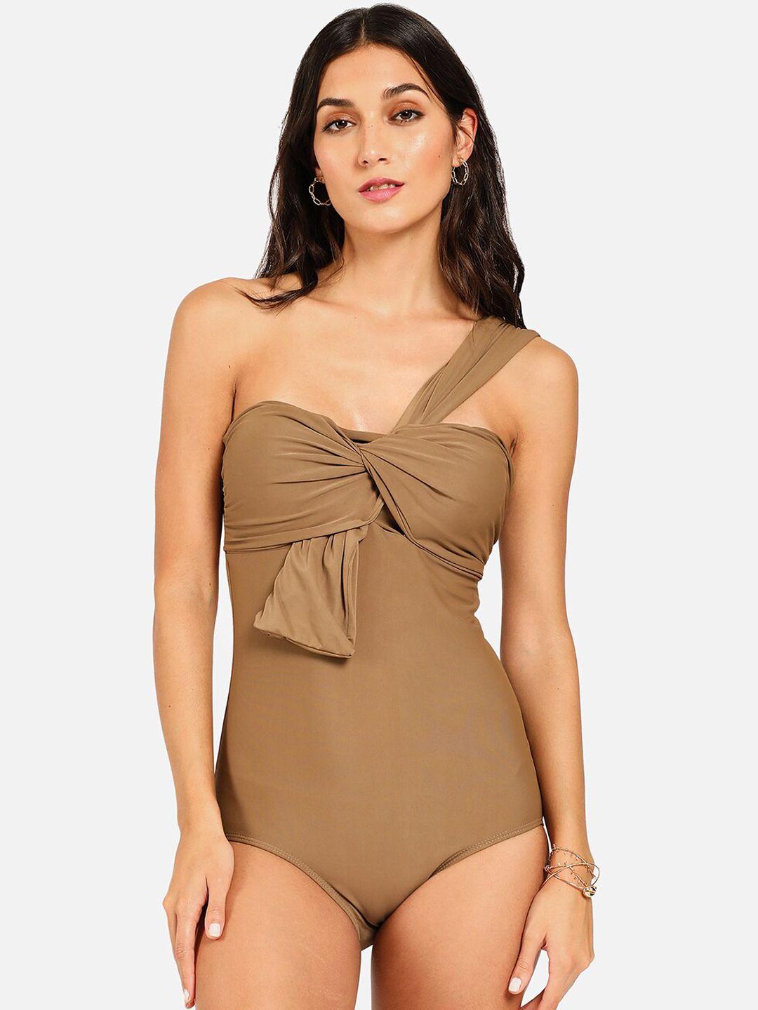 haute sauce by  campus sutra women khaki-coloured solid swimsuit