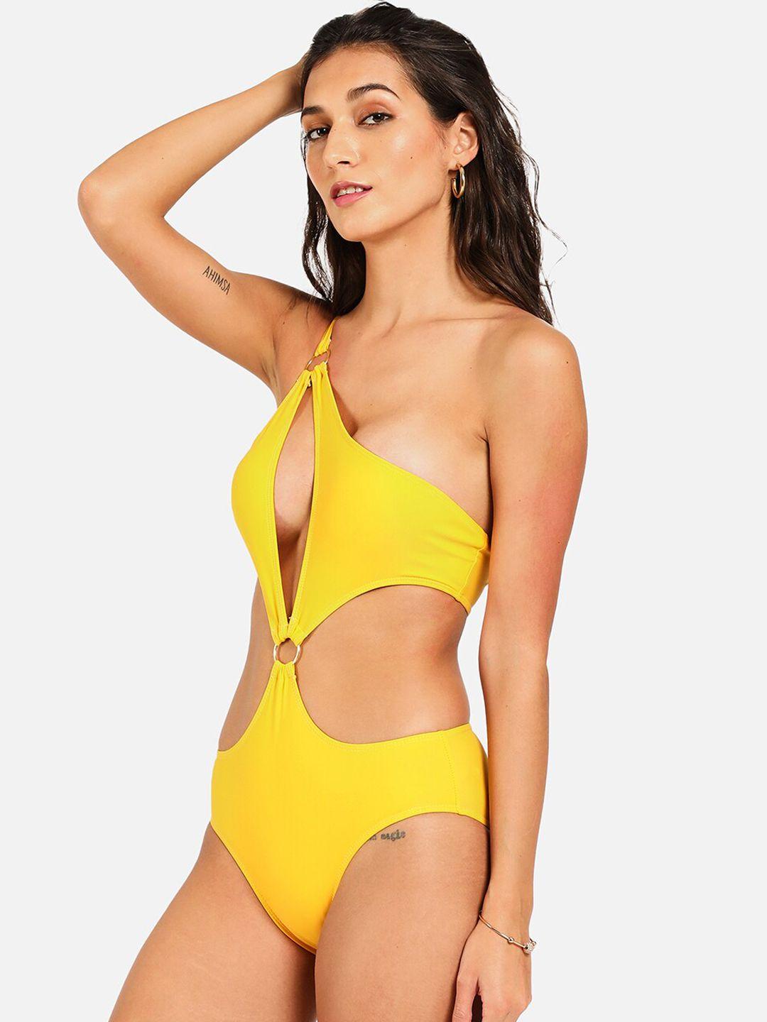 haute sauce by  campus sutra women one-shoulder cut-out detailed swimsuit