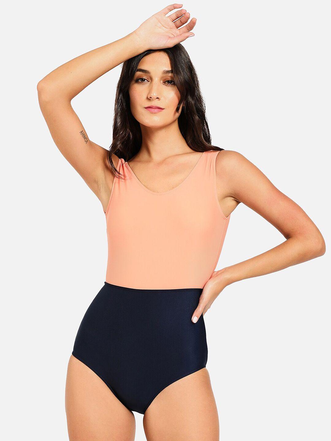 haute sauce by  campus sutra women peach-coloured & black one-piece swimsuit