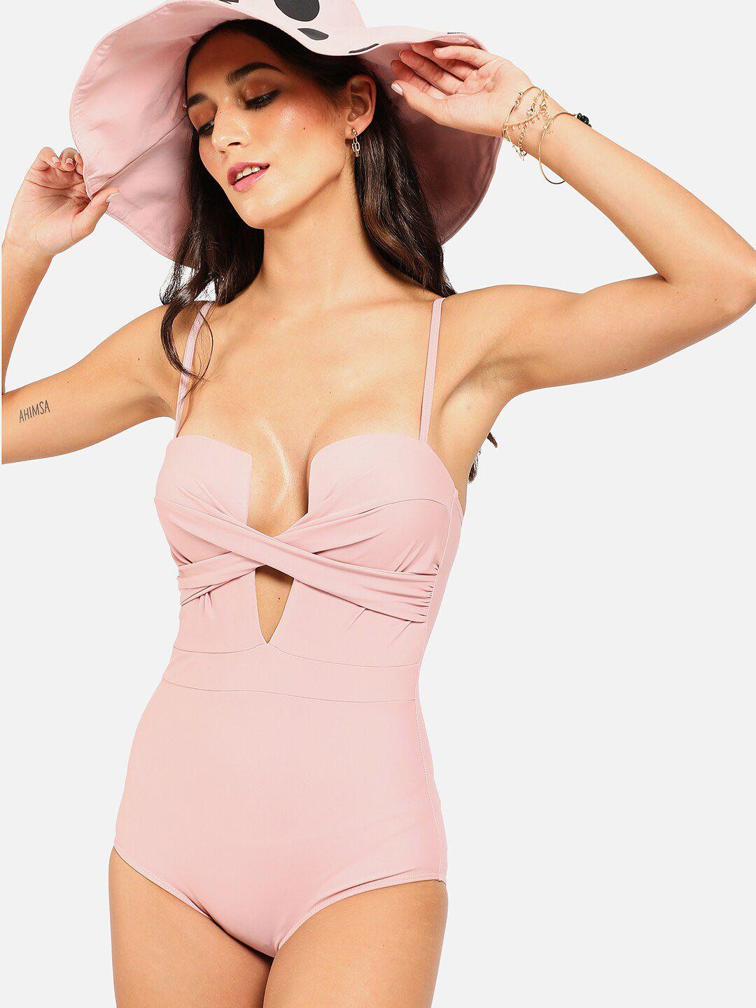 haute sauce by  campus sutra women pink solid swimsuit