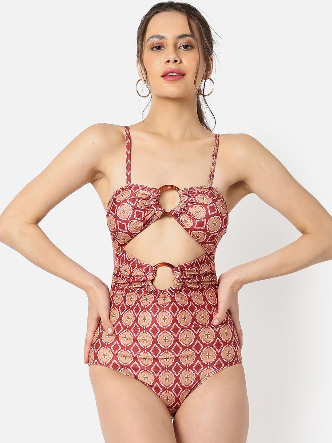 haute sauce by  campus sutra women printed cut-out swimsuit