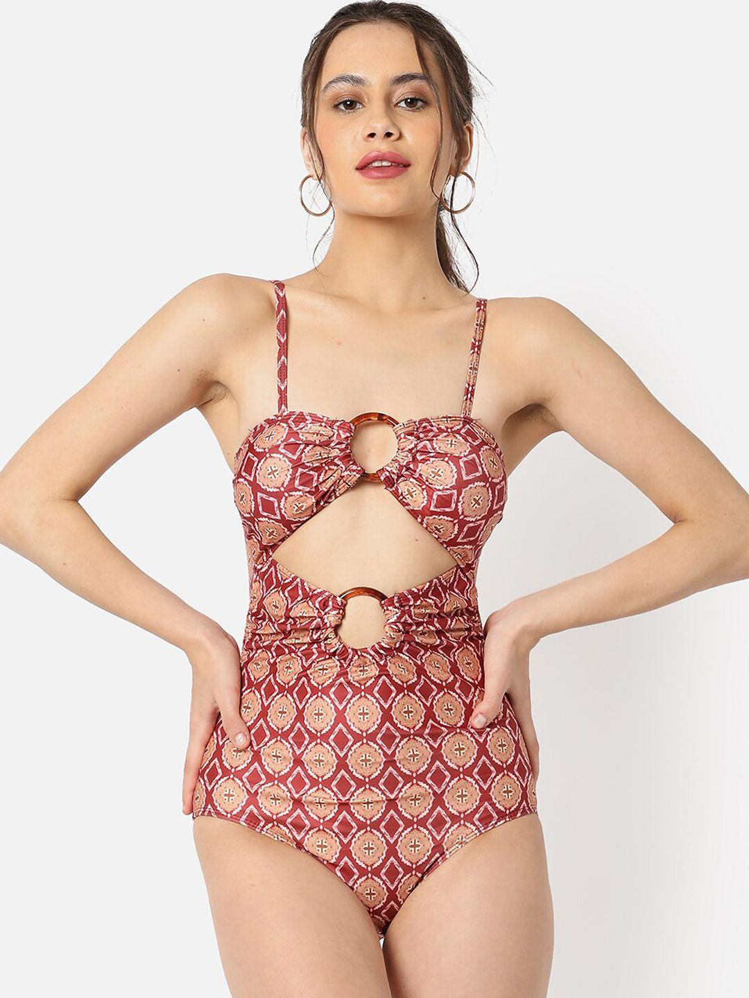 haute sauce by  campus sutra women red & beige printed cut-out swimsuit