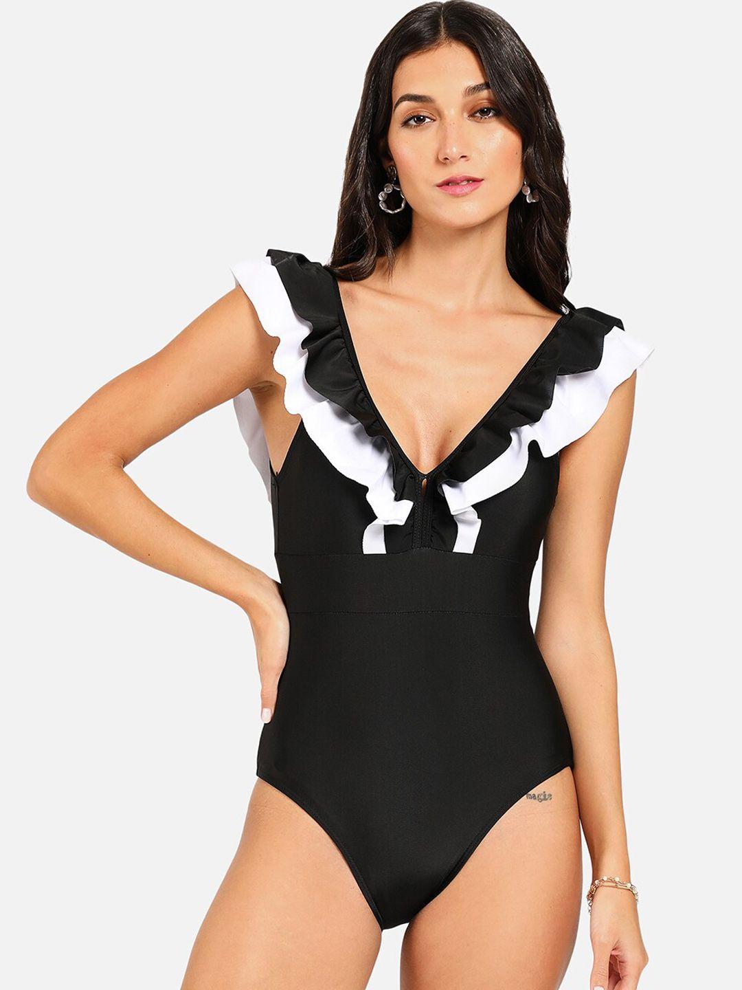 haute sauce by  campus sutra women ruffle v-neck one-piece swimsuit