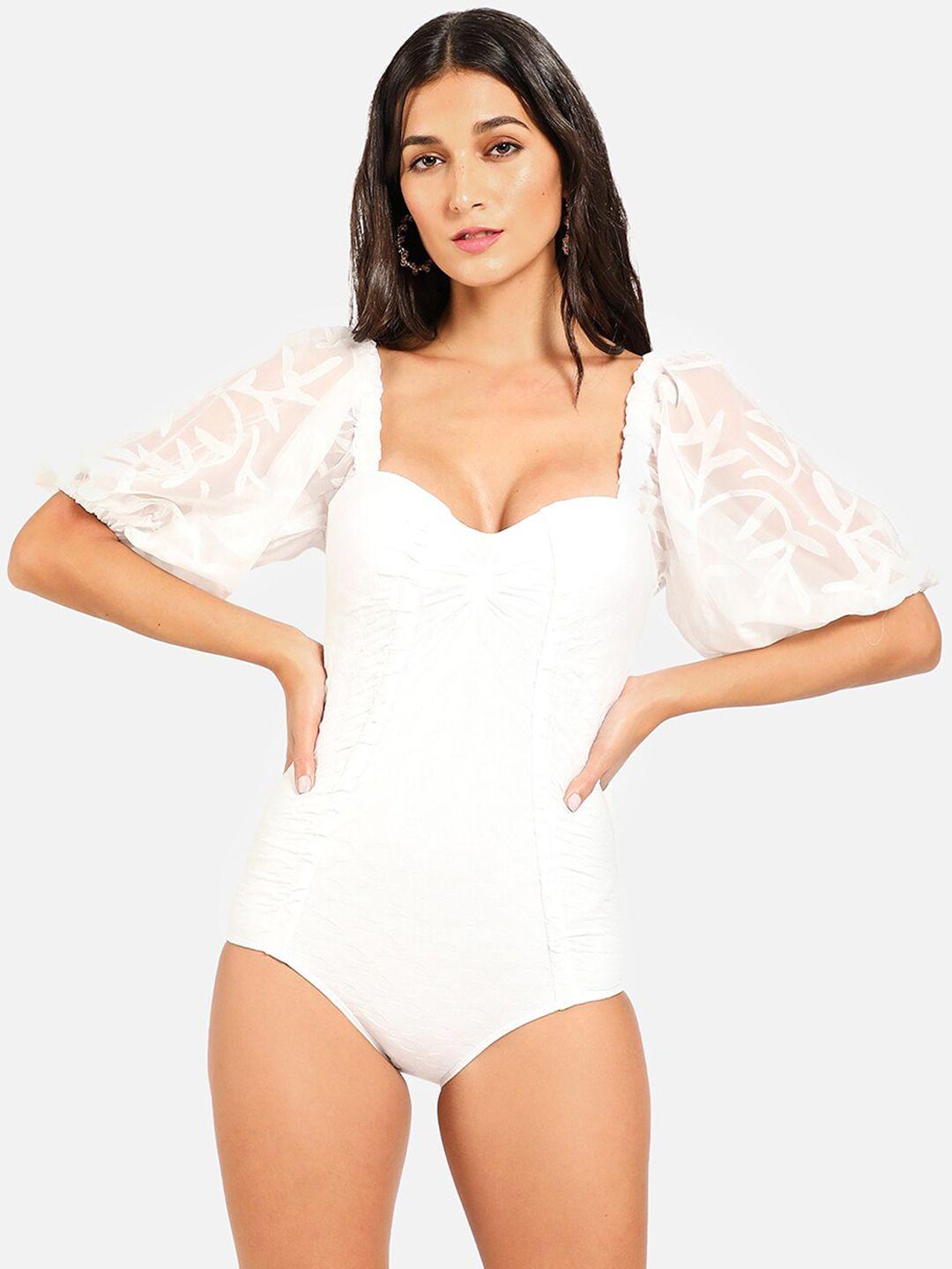 haute sauce by  campus sutra women white solid one-piece swimsuit