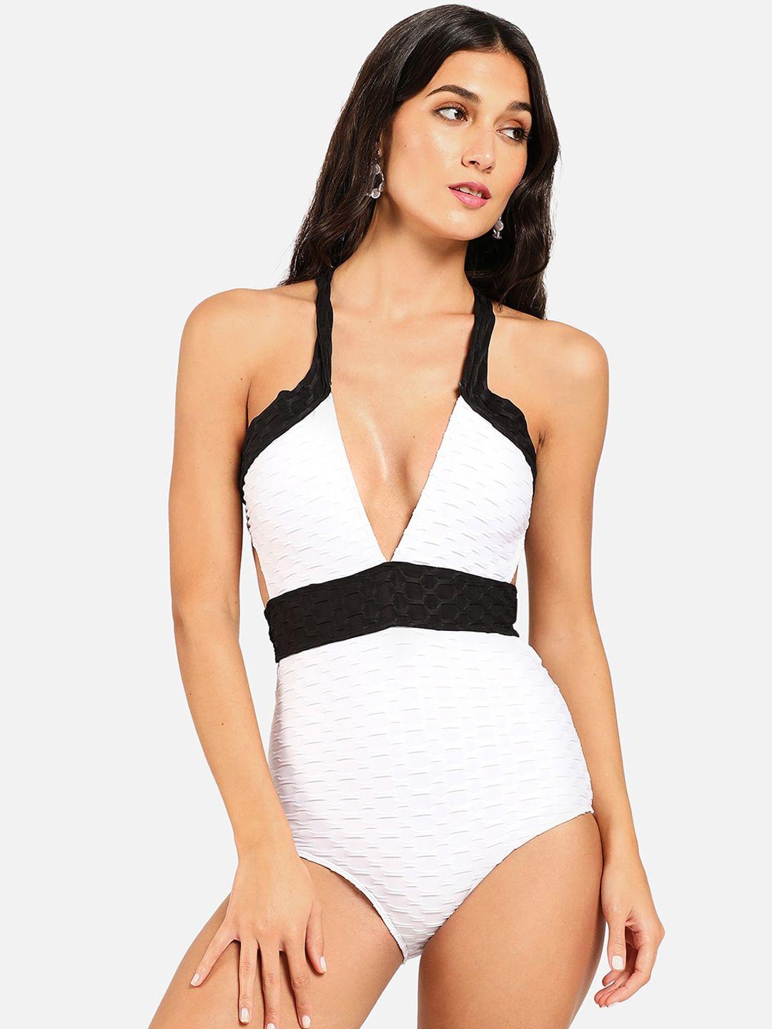 haute sauce by  campus sutra women white solid plunge body swimsuit