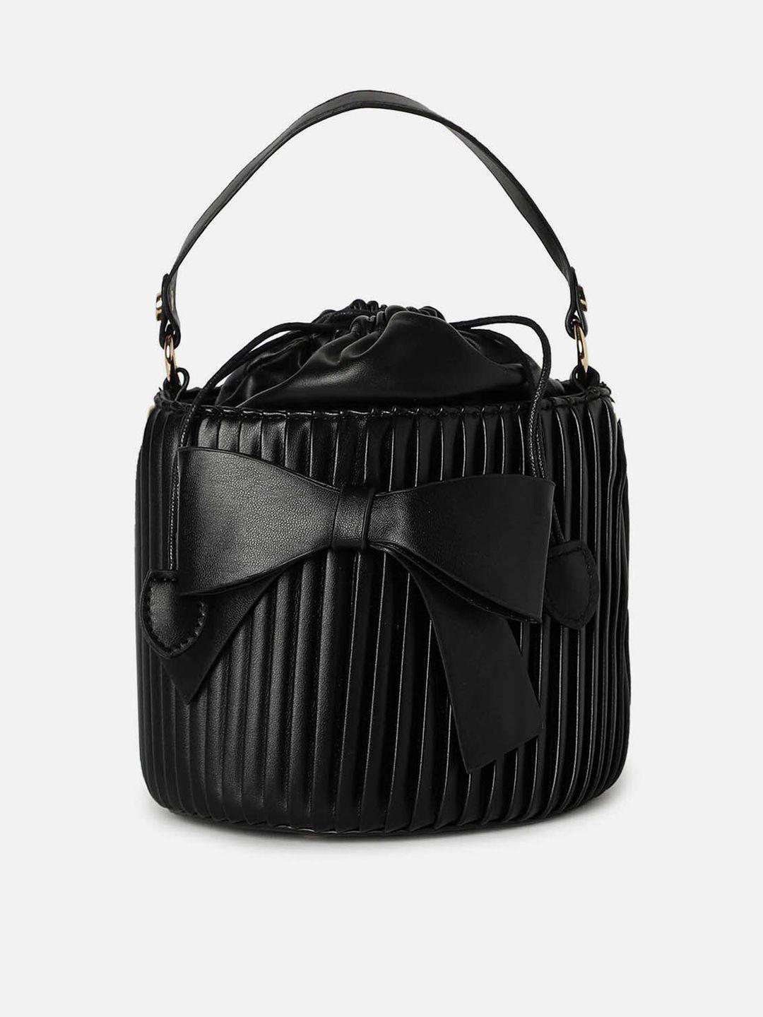 haute sauce by campus sutra  textured pu bucket handheld bag with bow detail