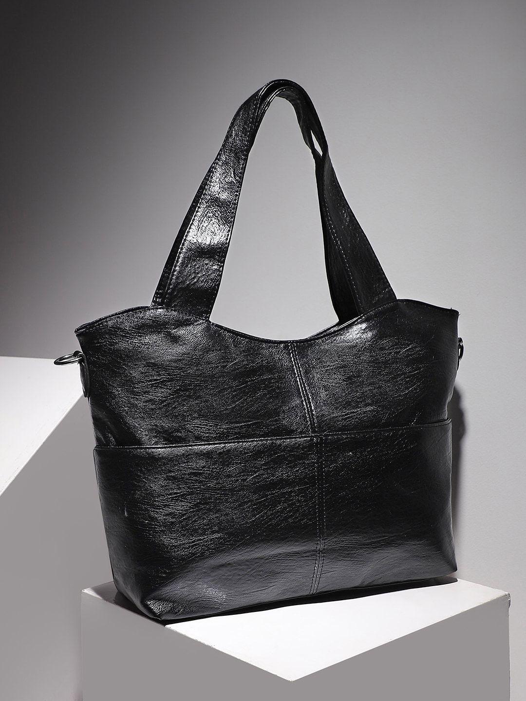 haute sauce by campus sutra black oversized structured hobo bag with cut work