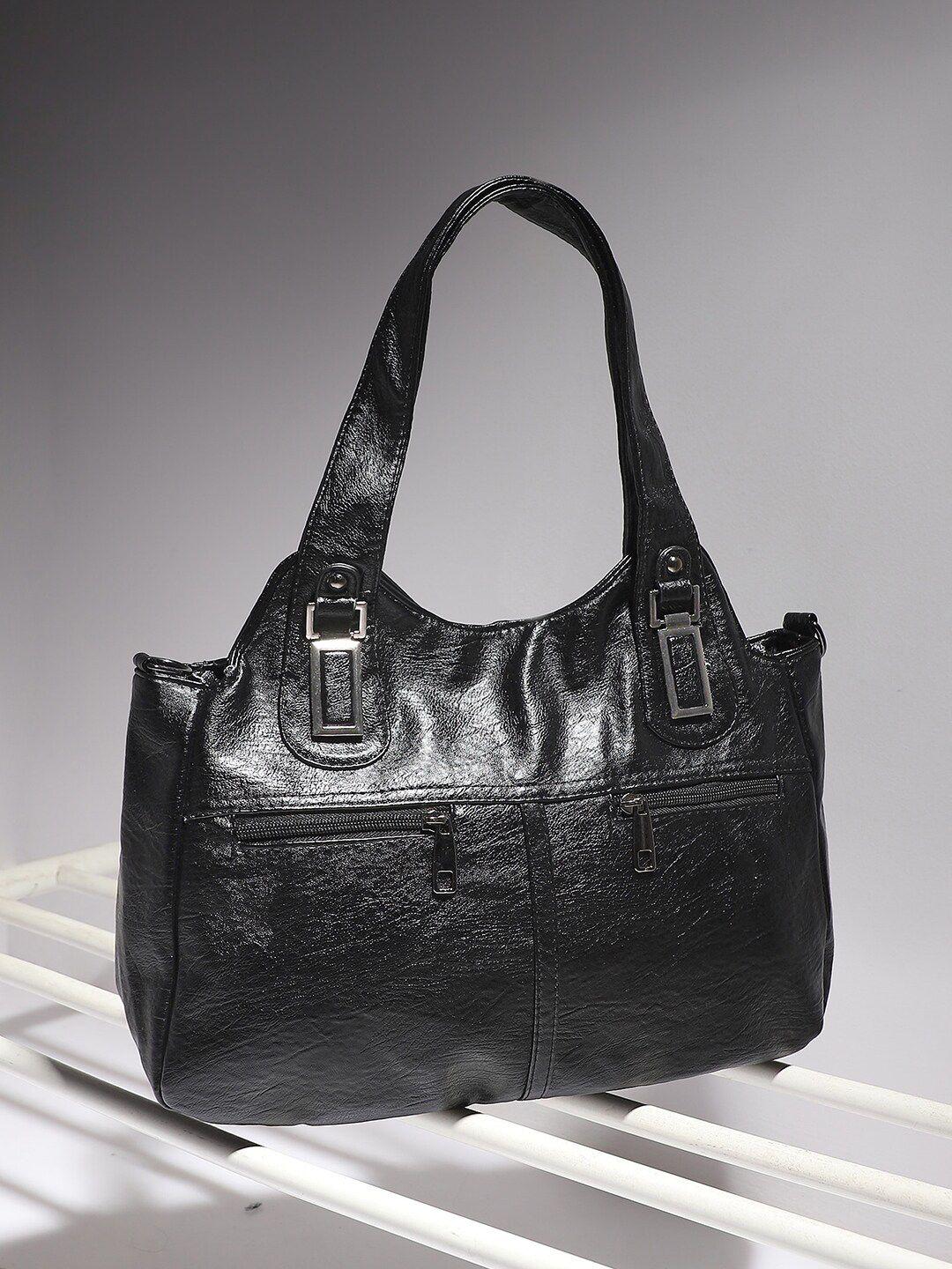 haute sauce by campus sutra black structured hobo bag with cut work