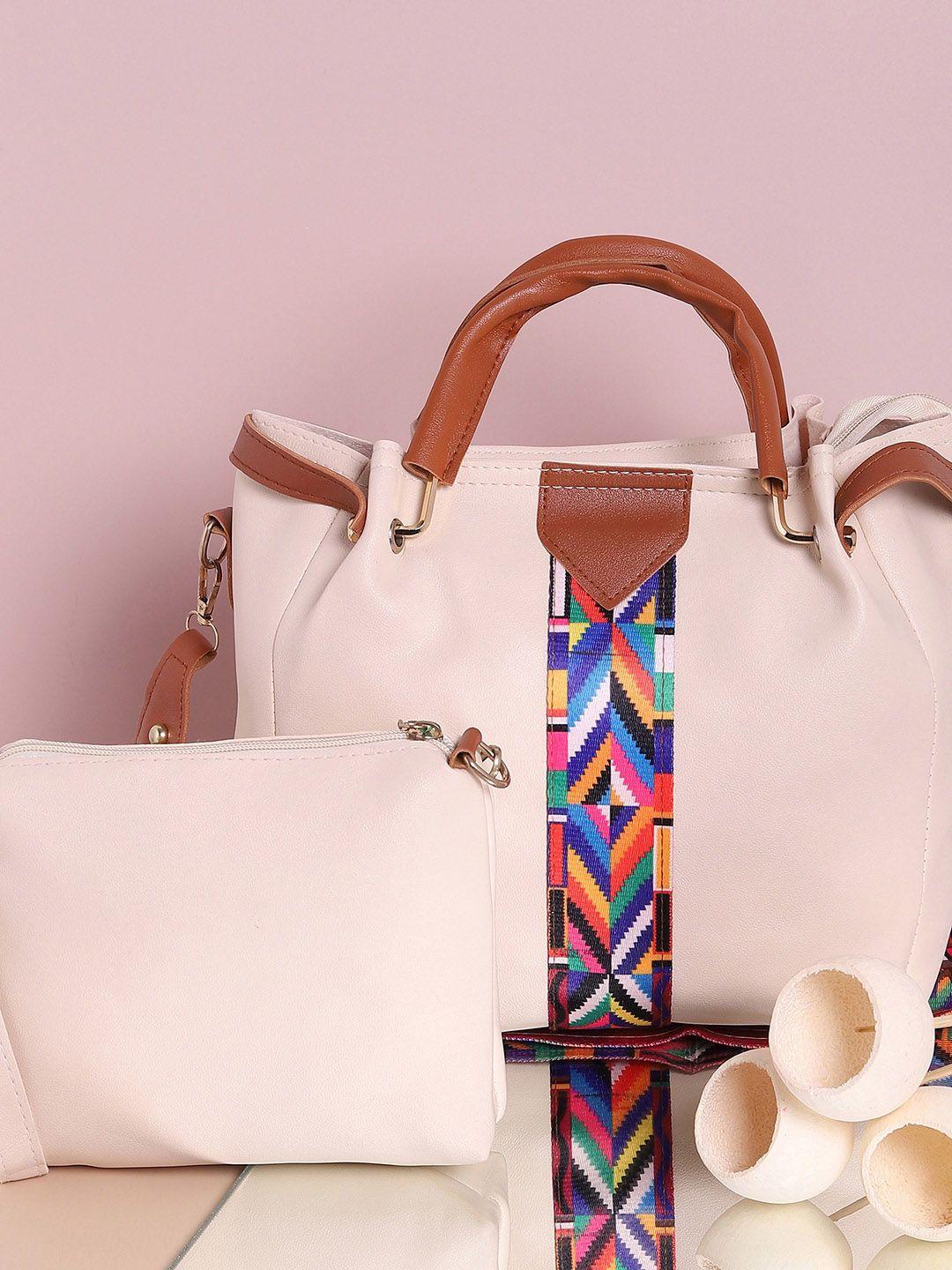 haute sauce by campus sutra cream-coloured geometric pu structured handheld bag with applique