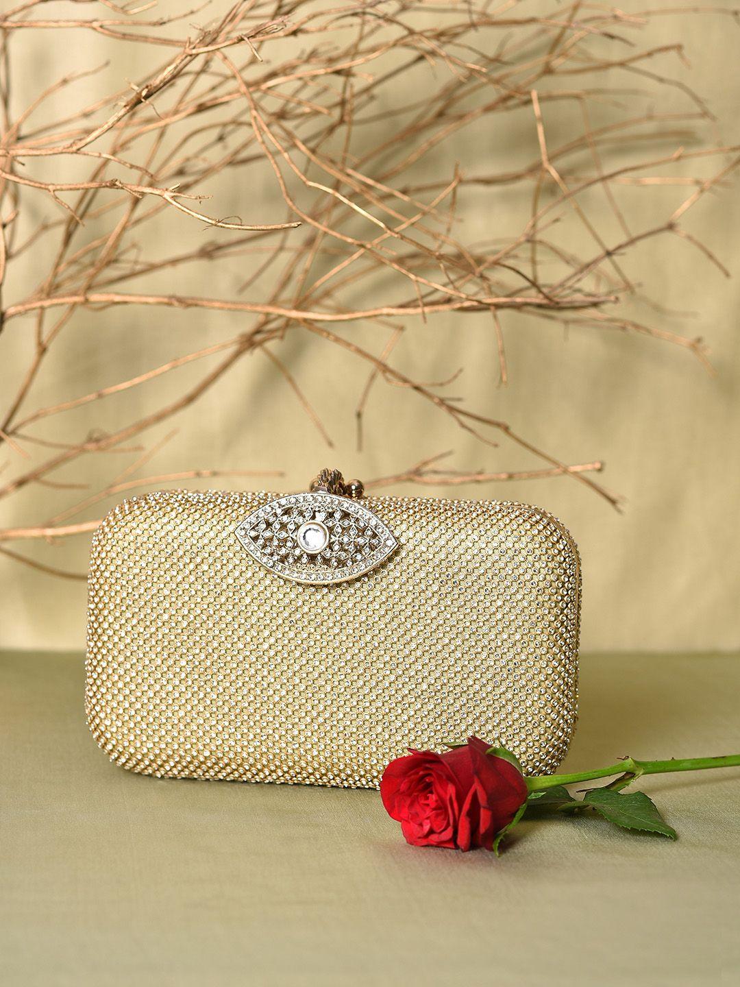 haute sauce by campus sutra gold-toned & white textured box clutch
