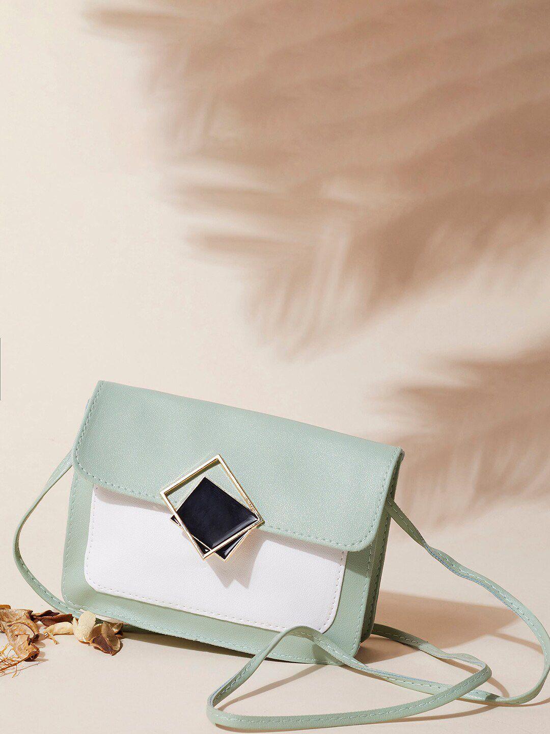 haute sauce by campus sutra green & white colourblocked structured sling bag
