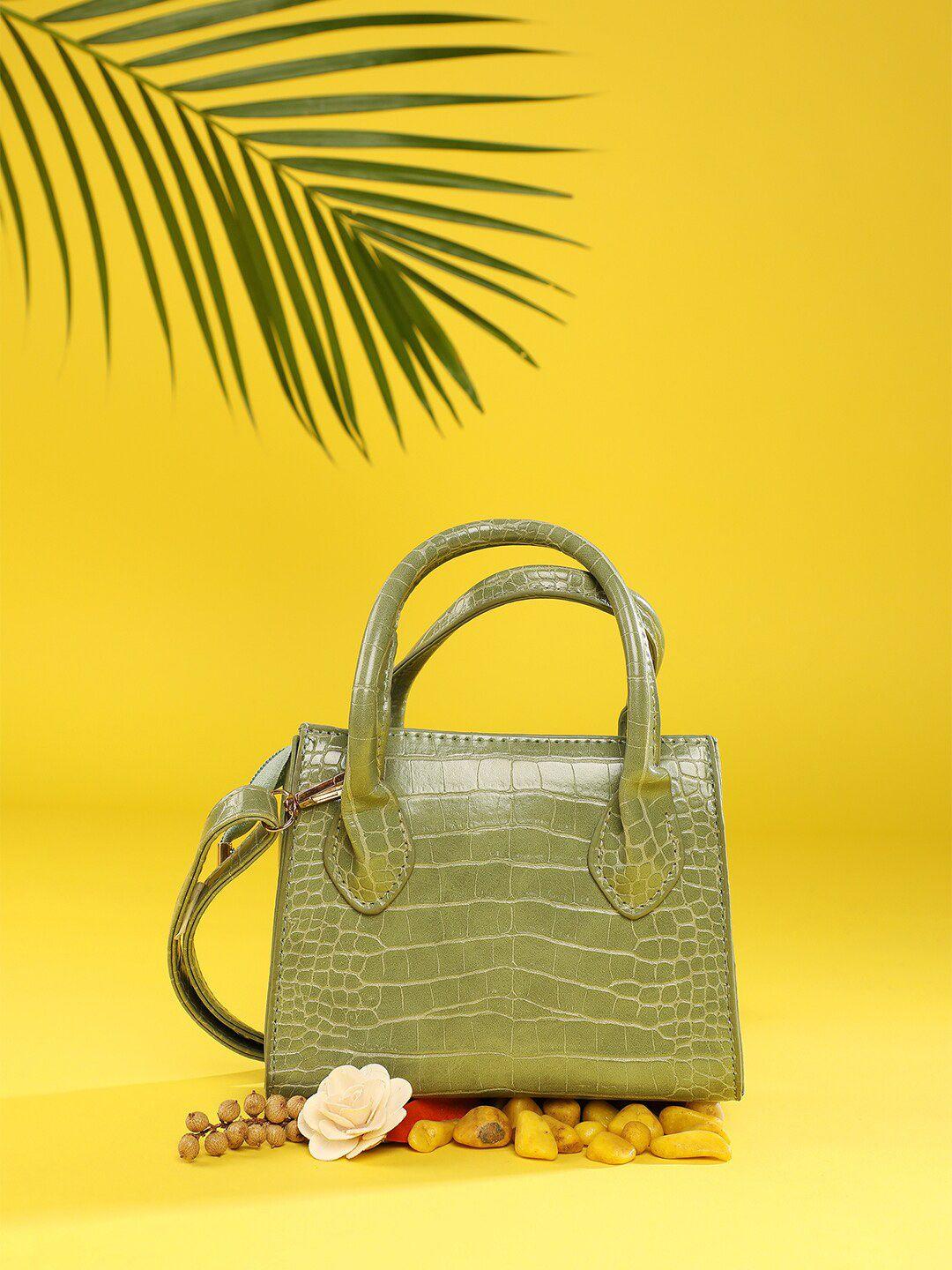 haute sauce by campus sutra green textured pu structured handheld bag