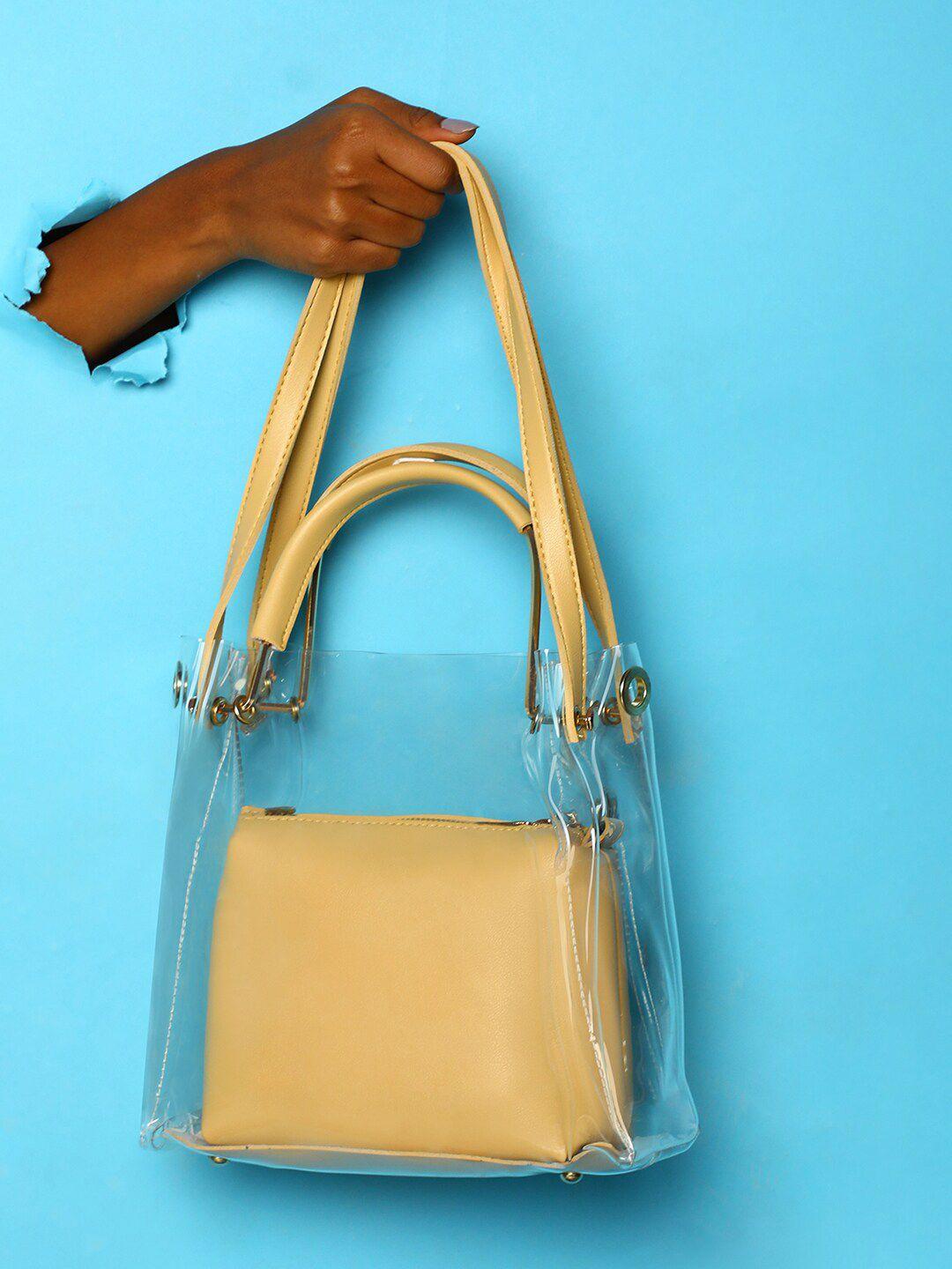 haute sauce by campus sutra mustard pu oversized structured shoulder bag with tasselled