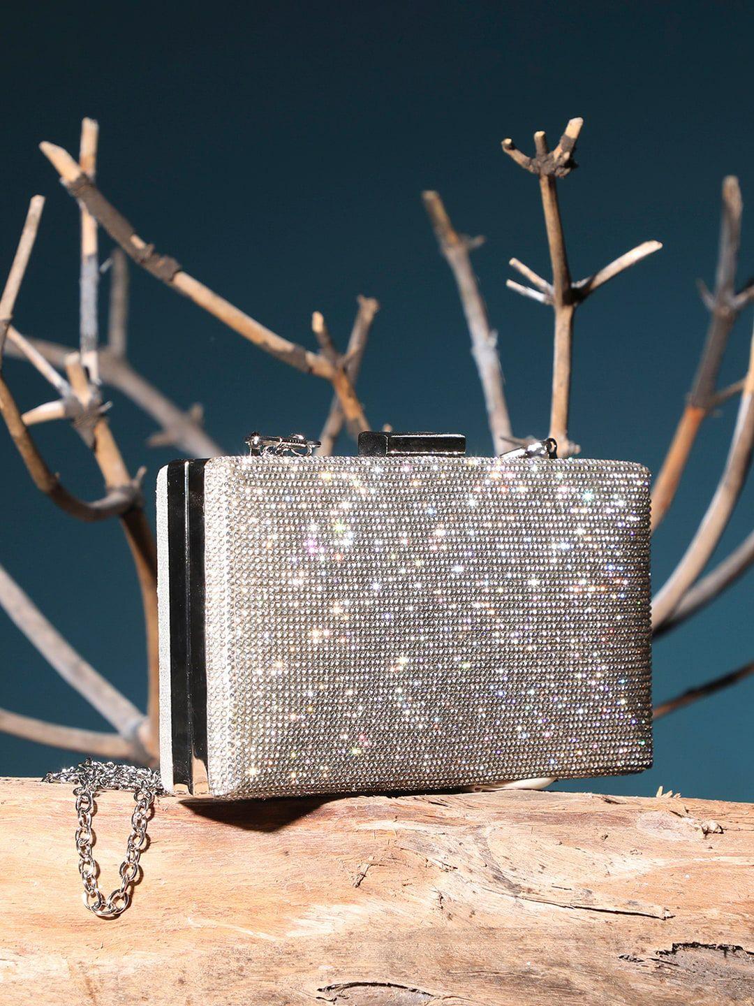 haute sauce by campus sutra silver-toned textured half moon clutch