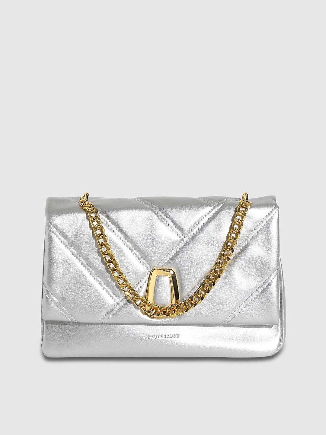 haute sauce by campus sutra silver-toned textured structured sling bag