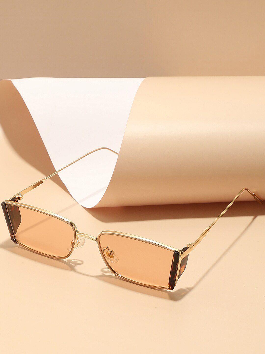 haute sauce by campus sutra unisex brown lens & gold-toned rectangle sunglasses with polarised lens