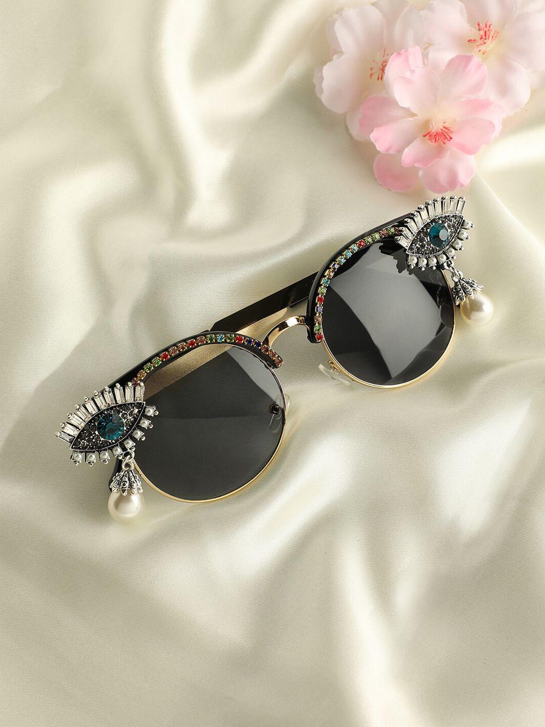 haute sauce by campus sutra women black lens & gold-toned round sunglasses
