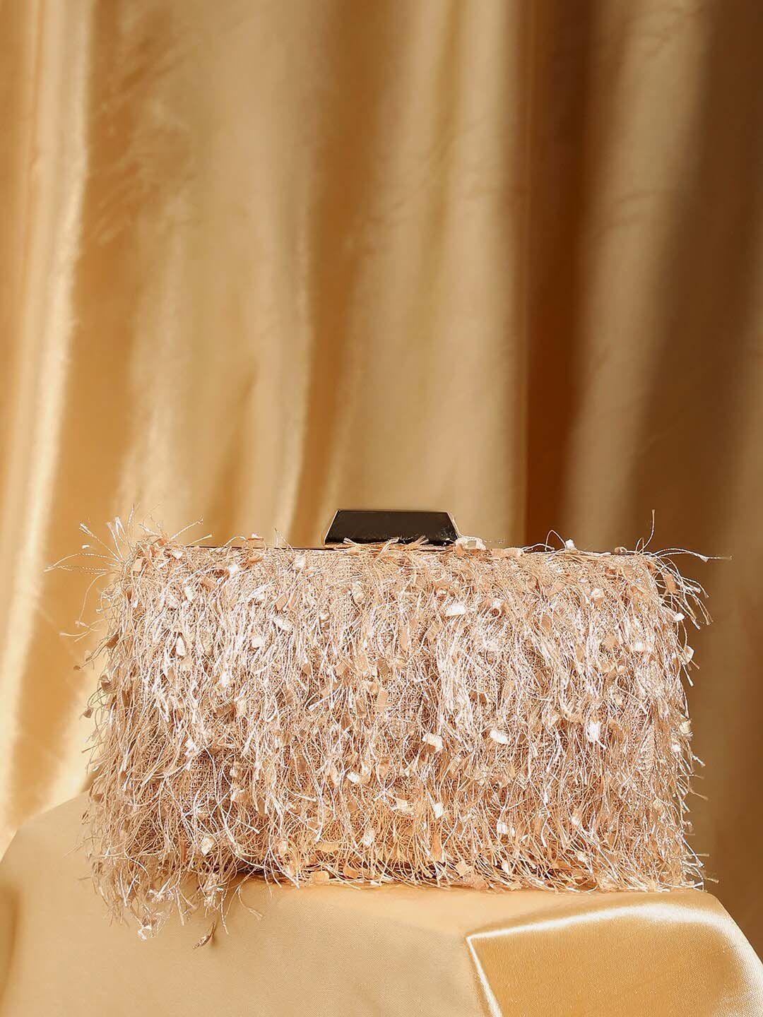 haute sauce by campus sutra women gold-toned & peach-coloured embellished box clutch