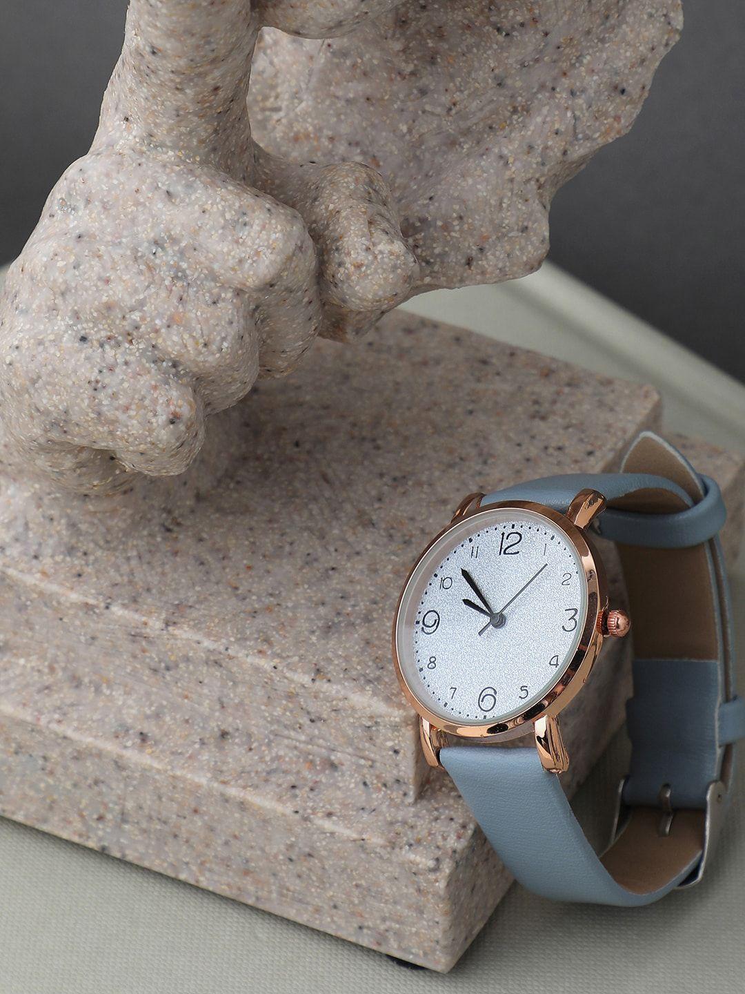 haute sauce by campus sutra women grey embellished dial & blue leather bracelet style straps analogue watch