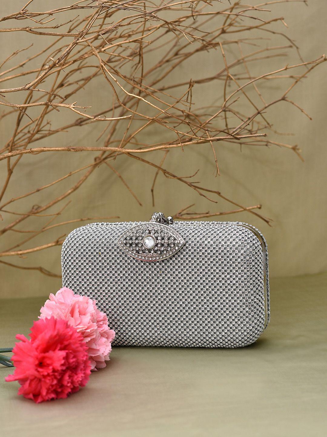 haute sauce by campus sutra women silver-toned embellished box clutch with chain strap