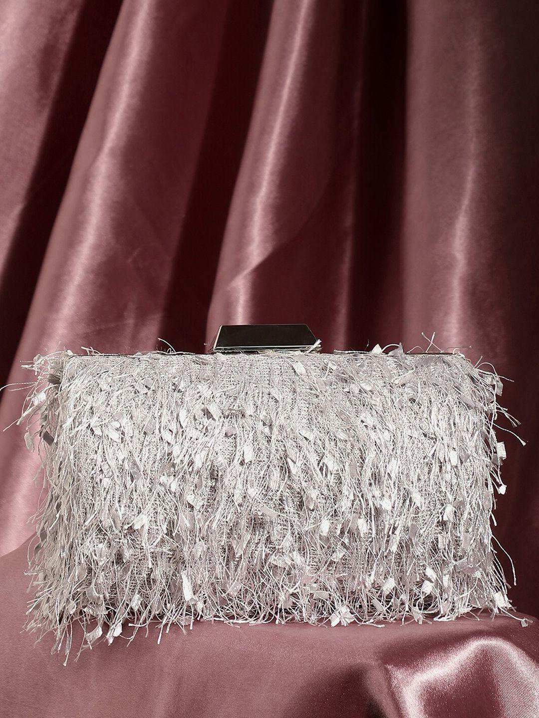 haute sauce by campus sutra women silver-toned textured fringe box clutch