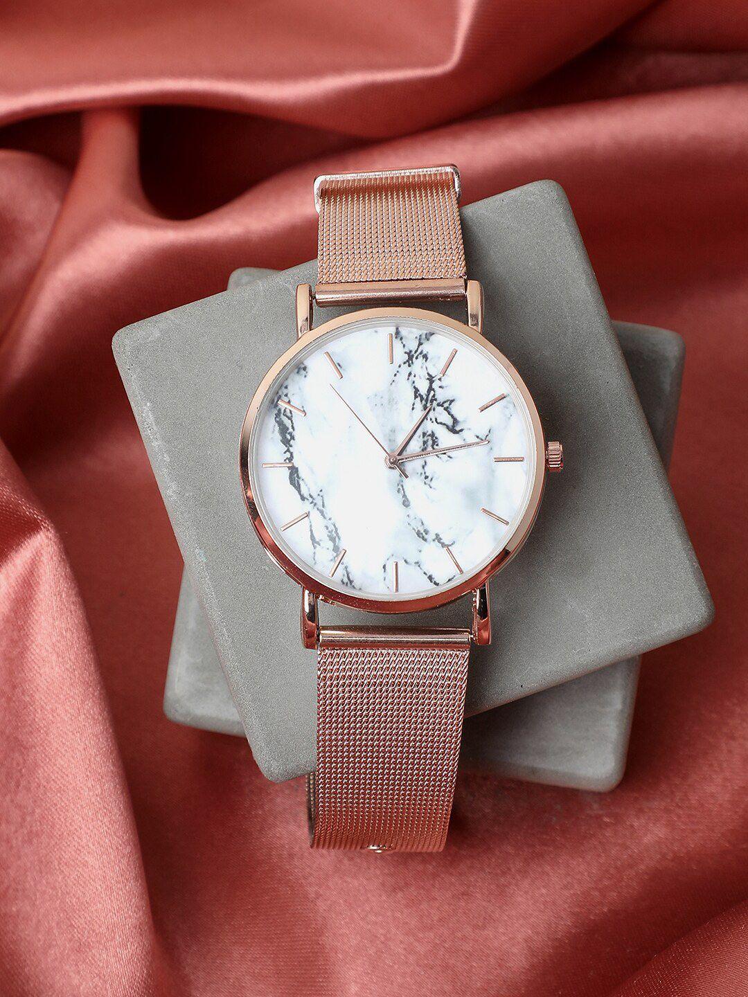 haute sauce by campus sutra women white dial & rose gold toned stainless steel straps analogue watch