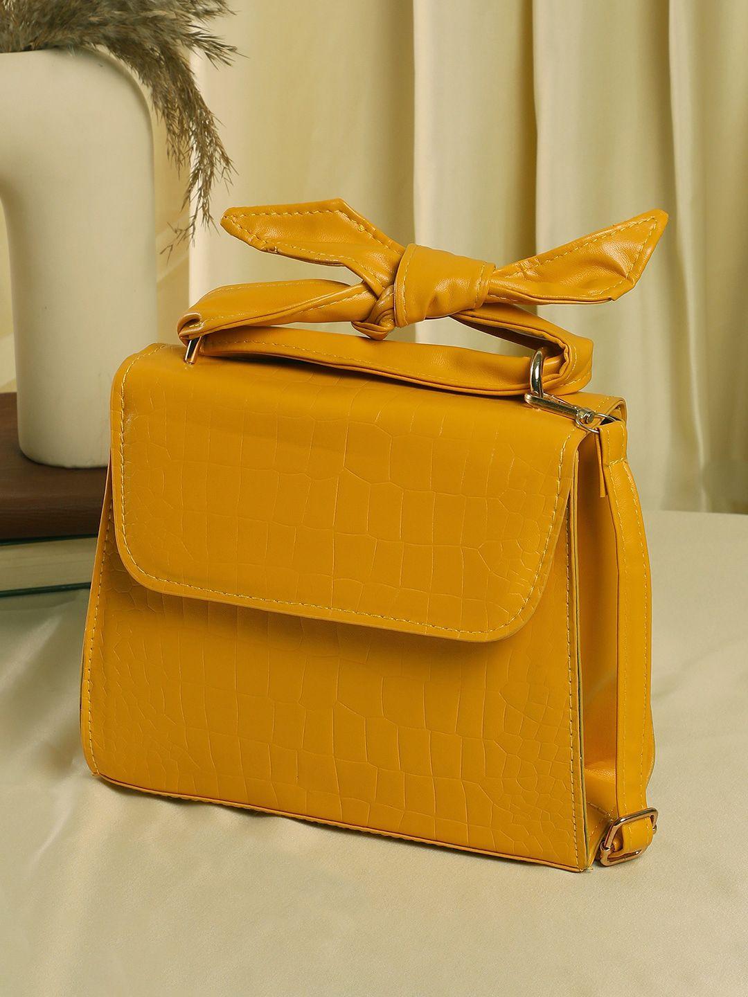 haute sauce by campus sutra yellow pu structured handheld bag with bow detail