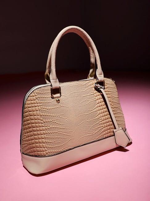 hautesauce beige croc textured medium leather handheld handbag