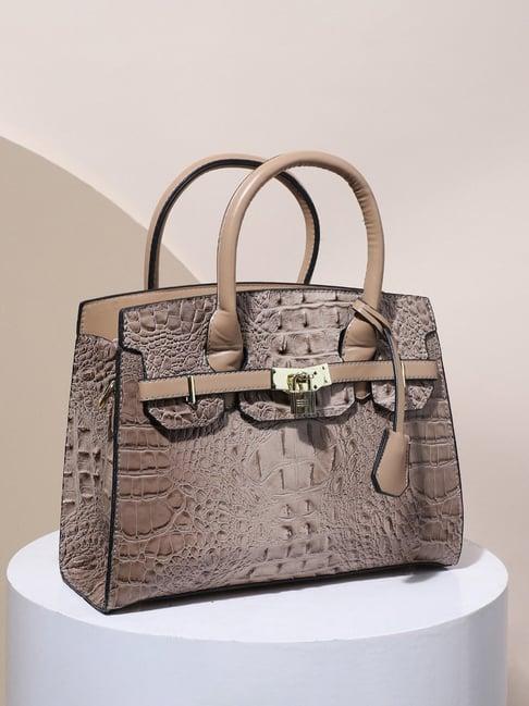 hautesauce beige textured medium leather handheld handbag
