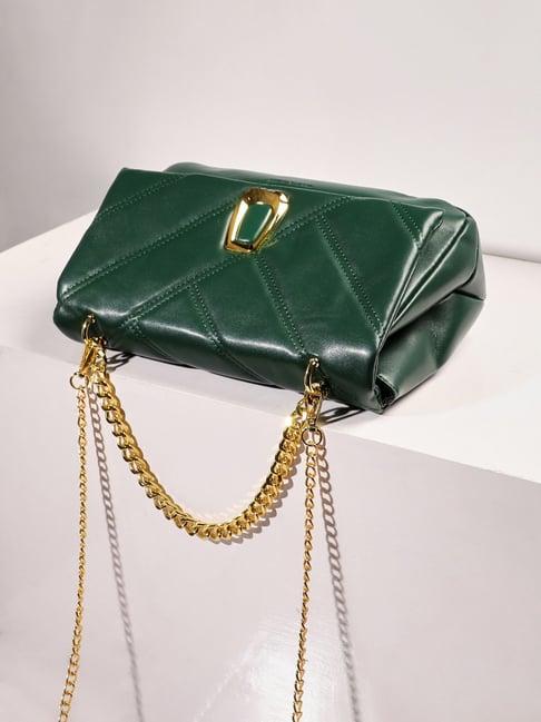 hautesauce forest green quilted sequin medium leather handheld handbag