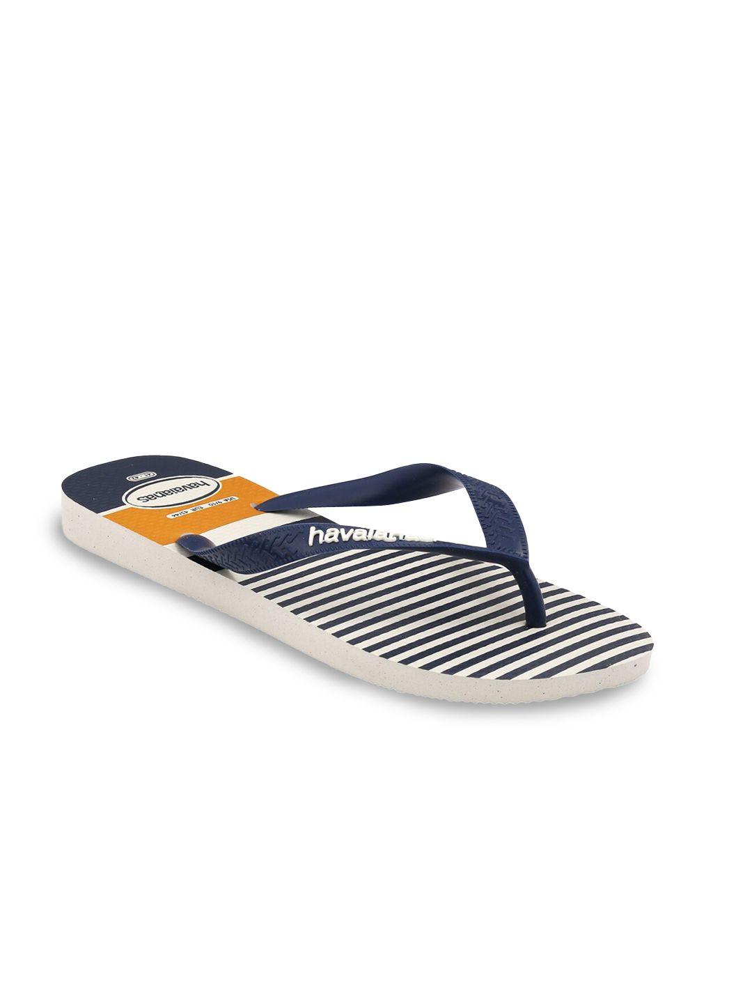 havaianas men white & navy blue printed rubber thong flip-flops