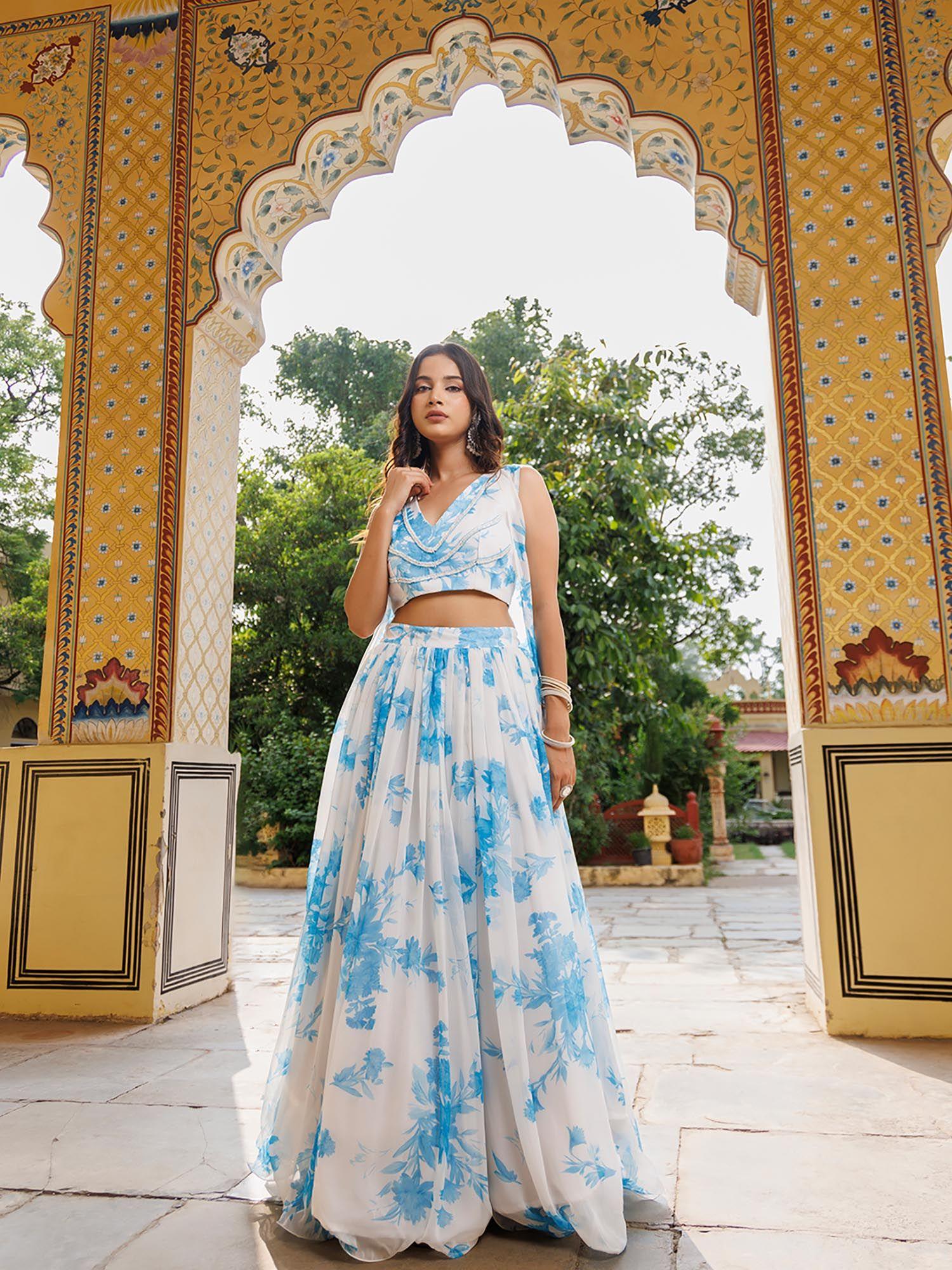 hawaiian white blue floral printed chiffon top with skirt and jacket (set of 3)