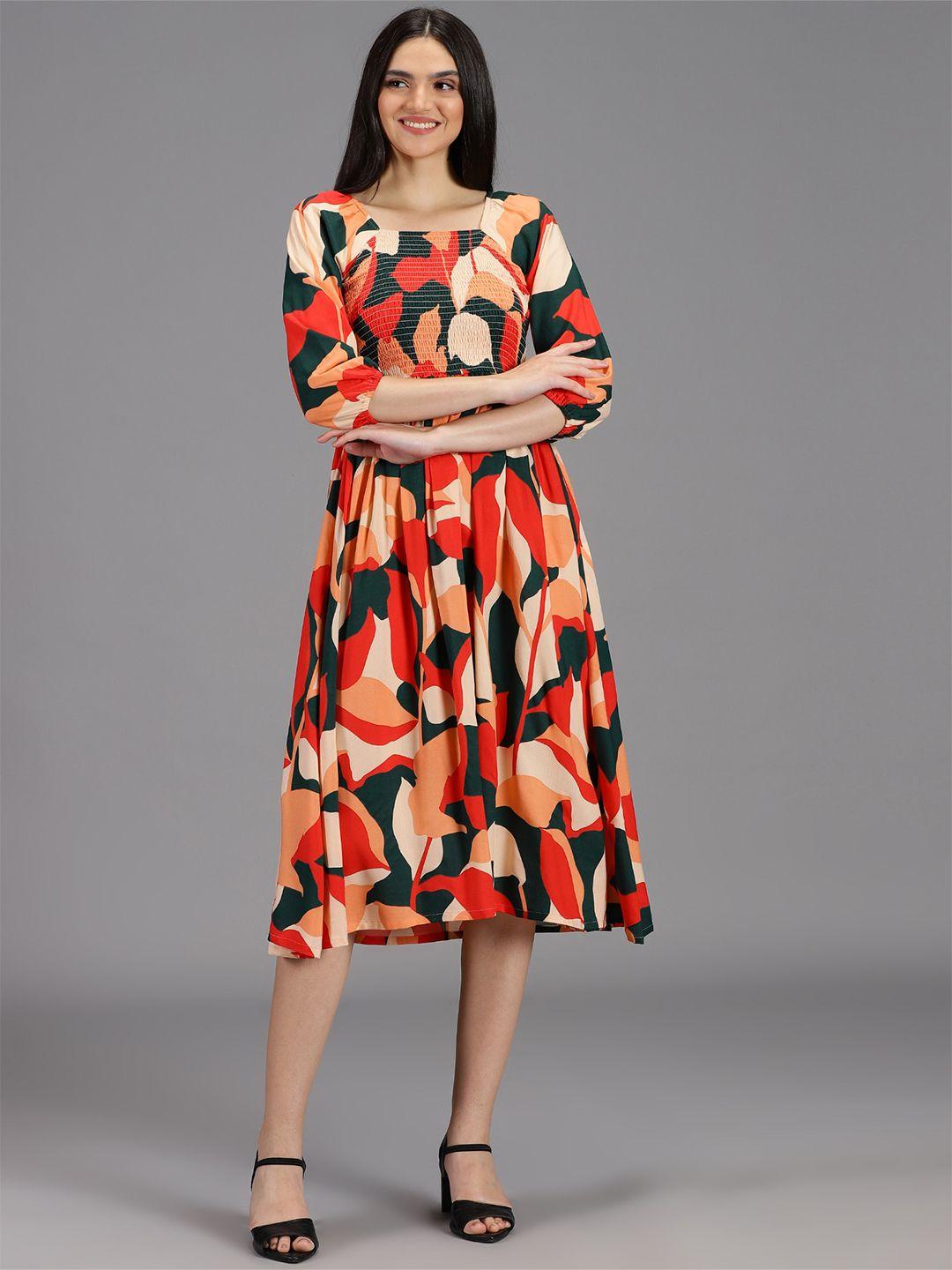hay abstract printed puff sleeve smocked fit & flare midi dress