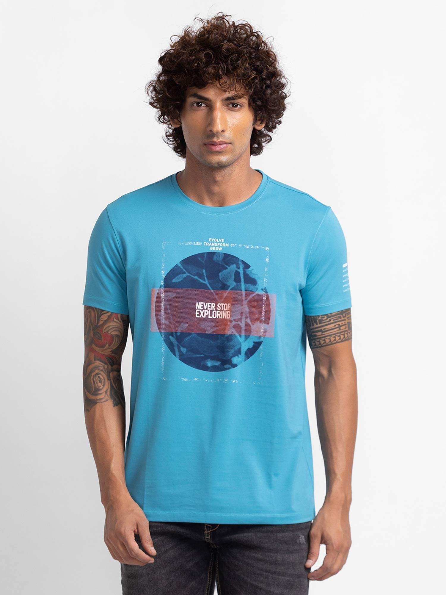 haze blue cotton half sleeve printed casual t-shirt for men