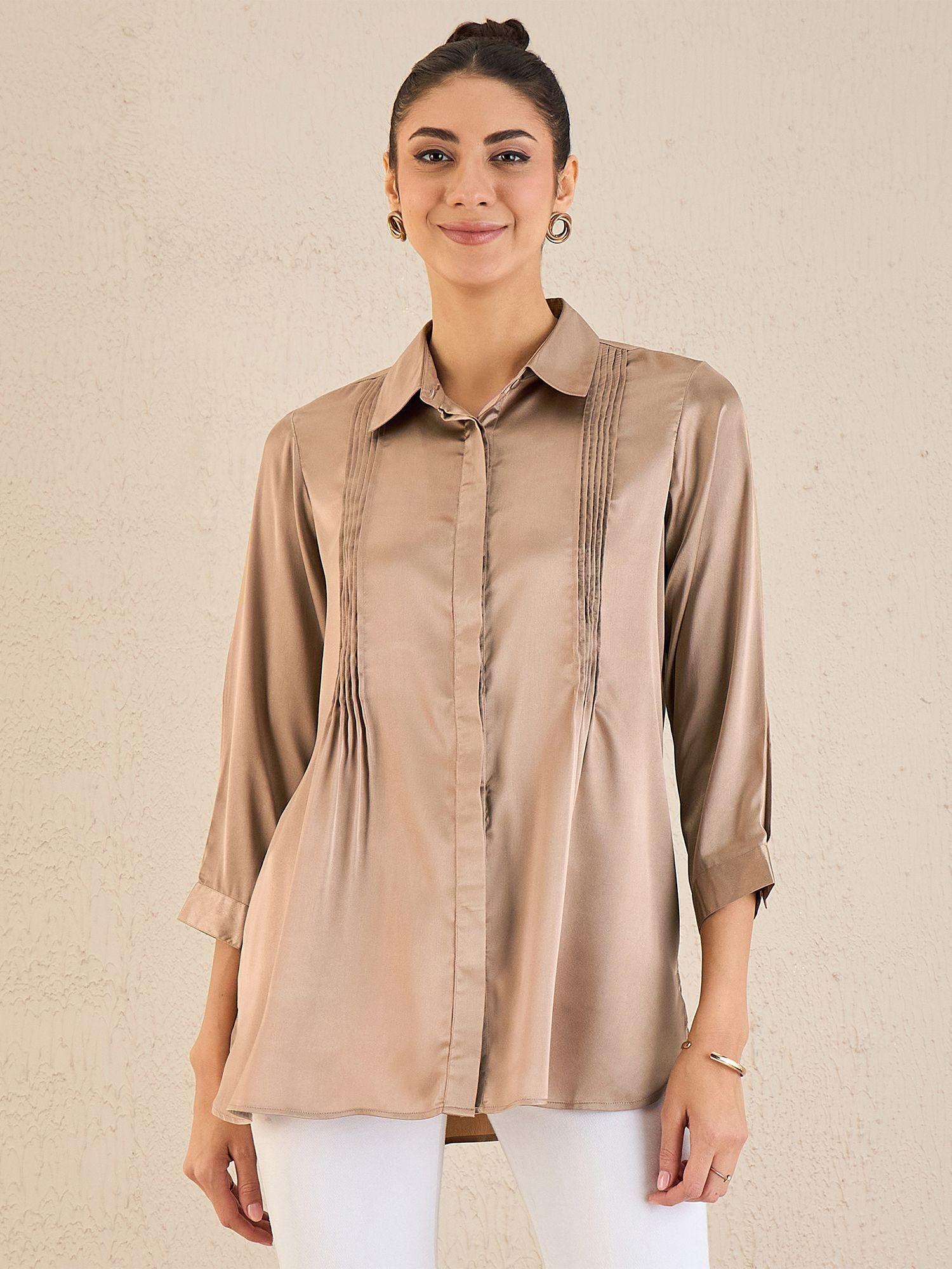 hazel brown pintucked satin shirt