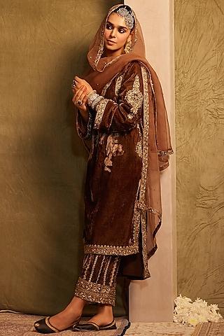 hazelnut brown silk velvet sequins & cutdana embellished kurta set