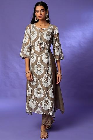 hazelnut brown chanderi embroidered kurta set