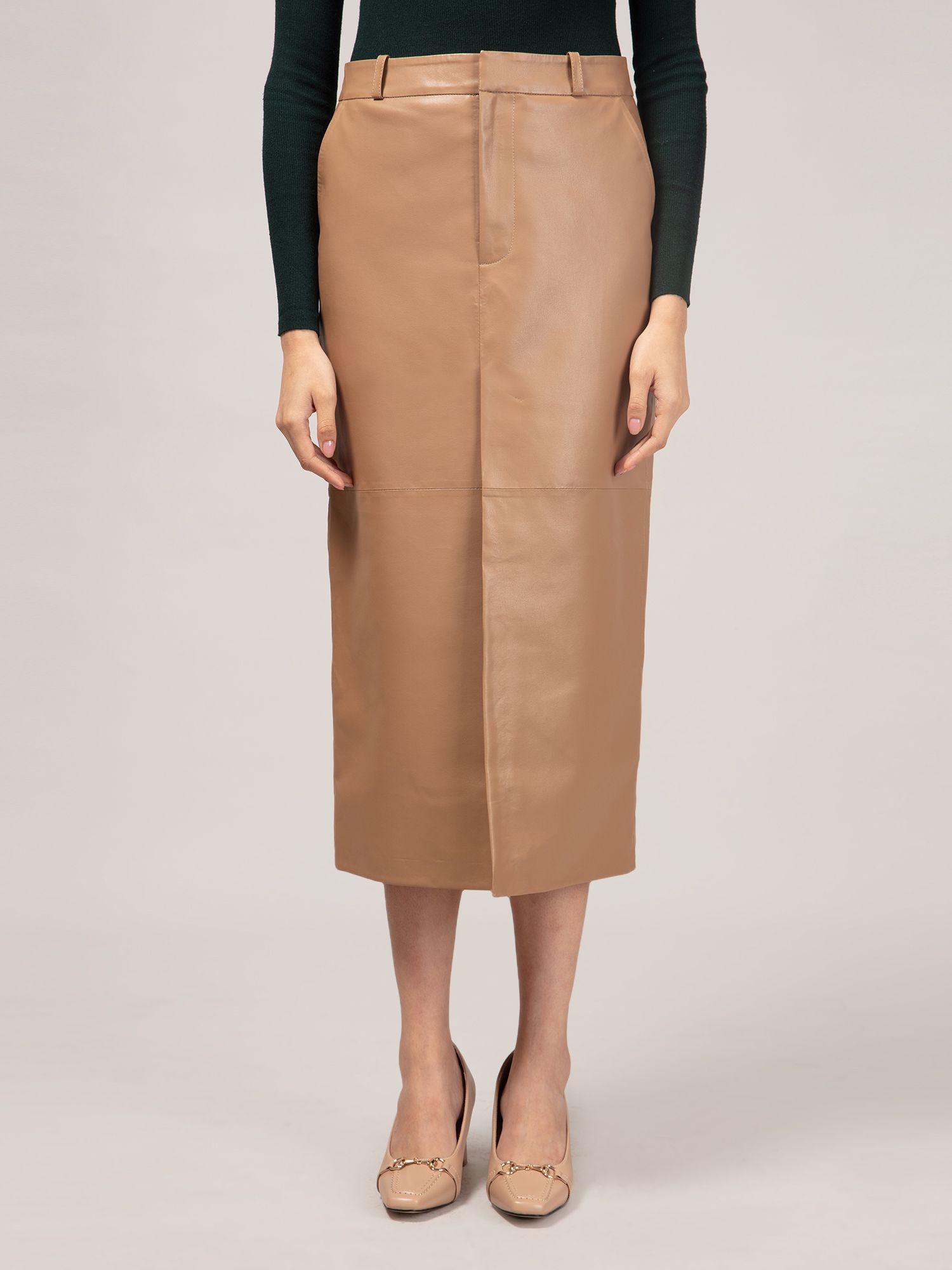 hazelnut solid front slit faux leather midi skirt