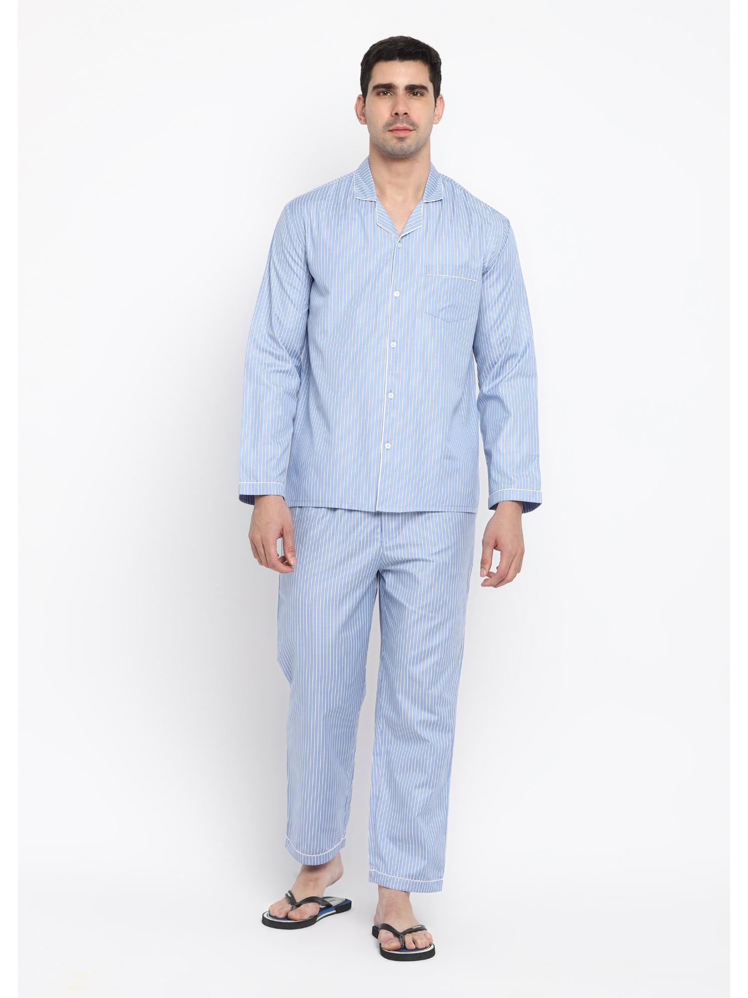 hazy blue and white stripes long sleeve pure cotton night suit (set of 2)