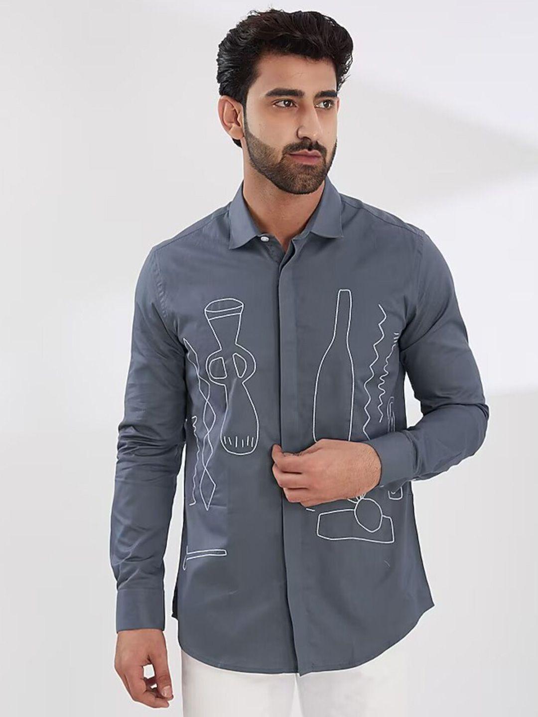 he spoke embroidered smart tailored fit cotton casual shirt