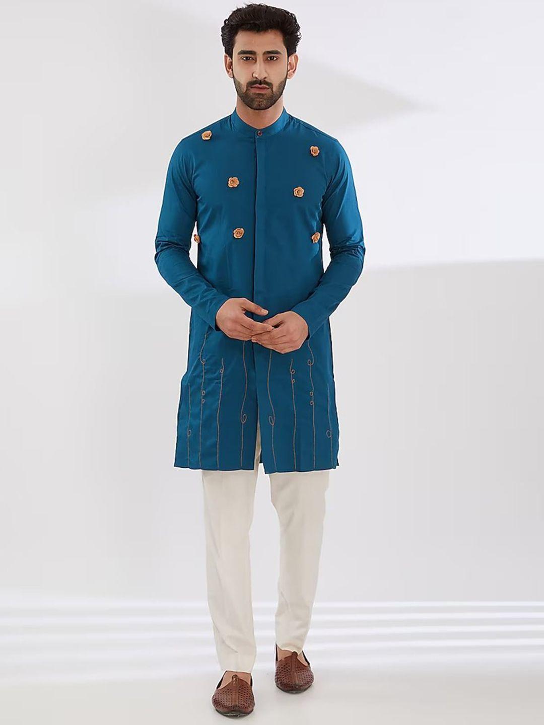 he spoke floral embroidered band collar pure cotton kurta