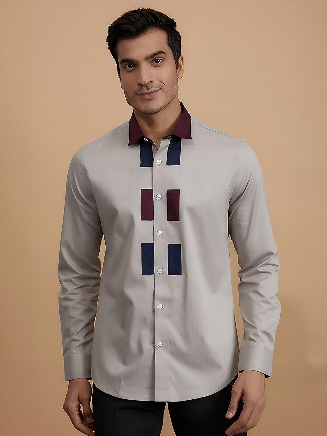 he spoke modern tailored fit colourblocked apllique twill cotton casual shirt