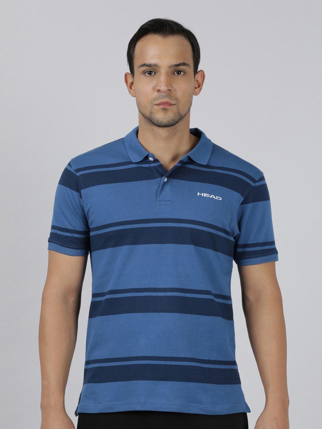 head men navy blue striped polo collar applique slim fit t-shirt